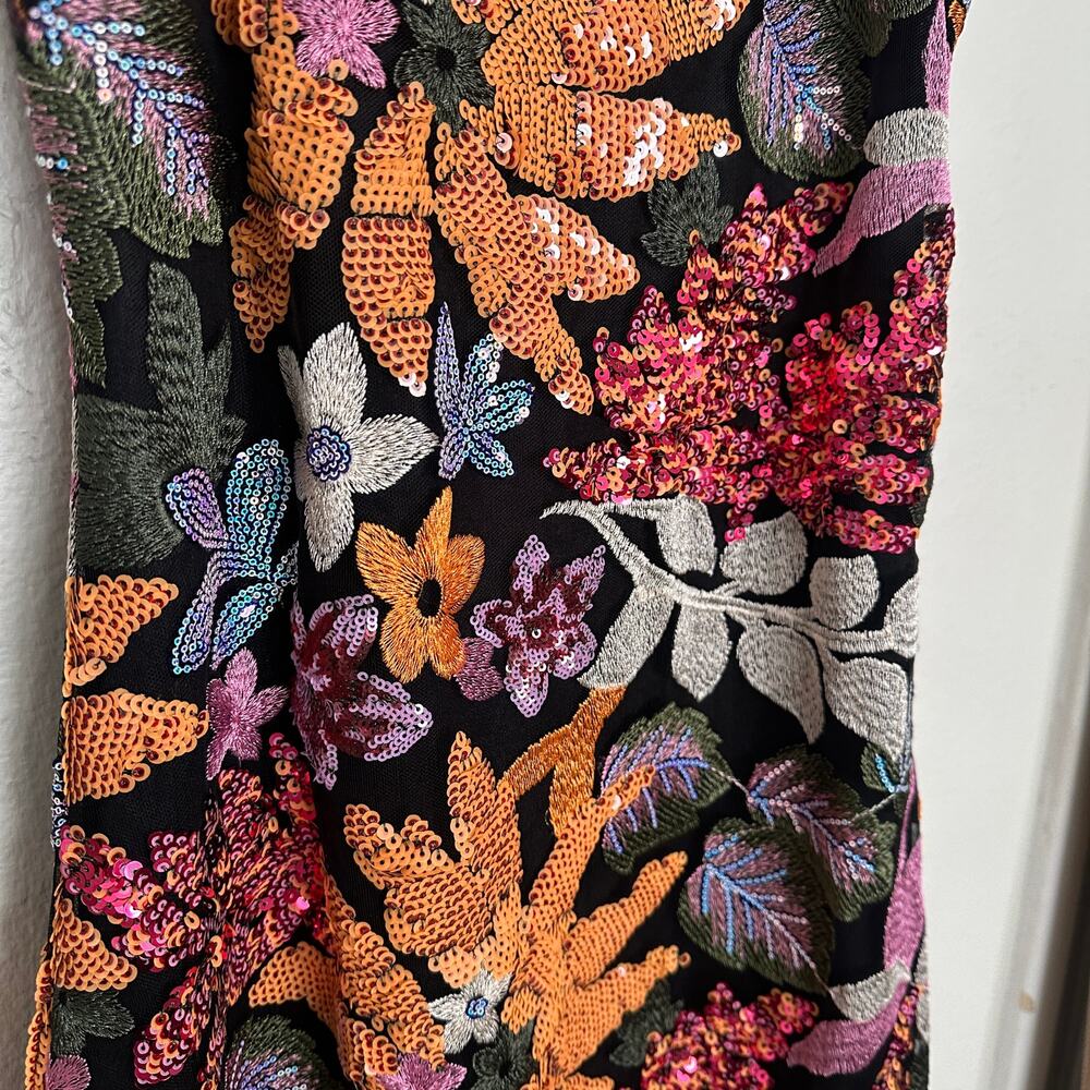 Cute Small Boutique Sequin Floral Mini Dress Sleeveless Black Orange Pink - Picture 4 of 10